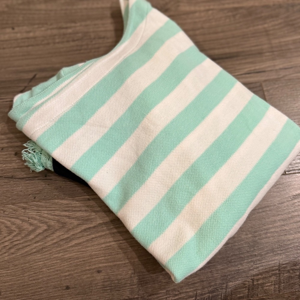 Crown & Ivy Petite Striped Boat Neck Top Mint Green Navy Blue Fringe Trim PL